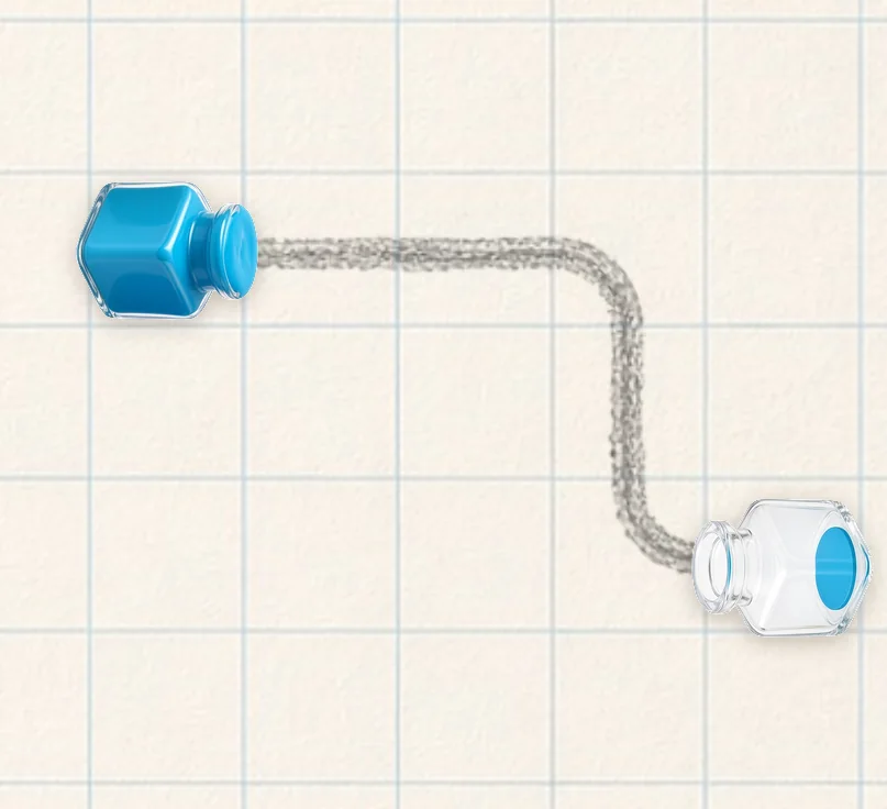 A pencil path from a blue bottle to a blue jar