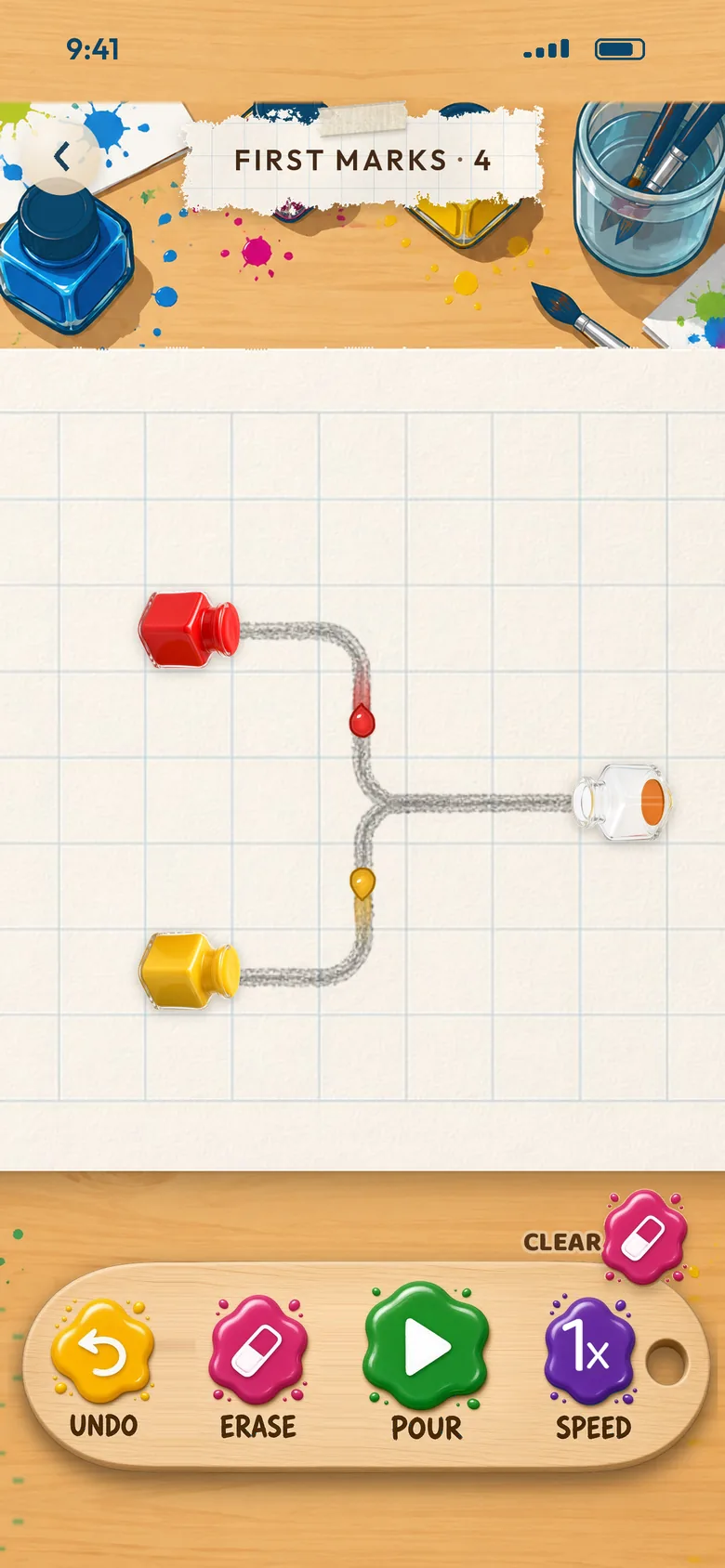 Board First Marks 4: red and yellow ink headed for an orange jar