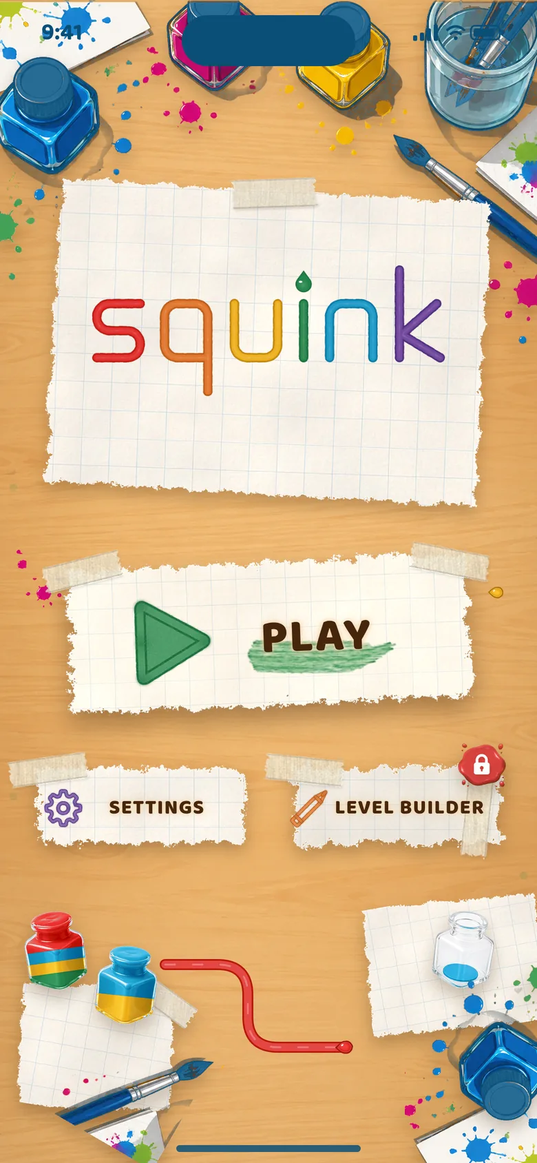 Squink title screen: the desk with the squink wordmark